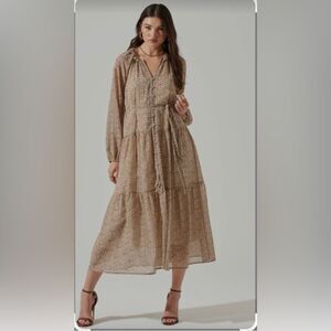 ASTR LS Ivory Brown Floral Button Front Tiered MIDI Dress Size S